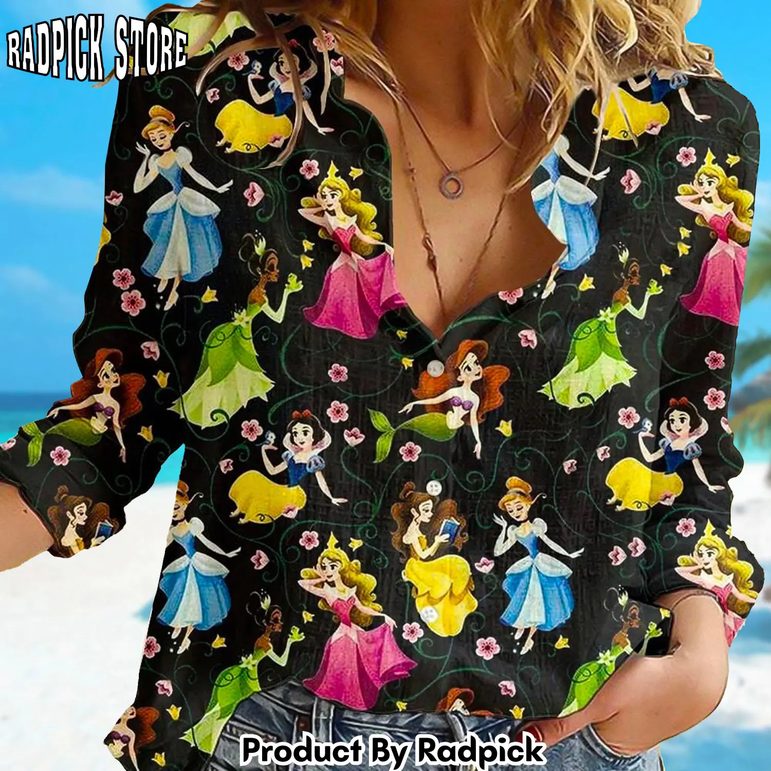 Radpick princess characters linen shirt princess women casual shirt movie linen button shirt cartoon linen blouses shirt magic kingdom trip g rp662195